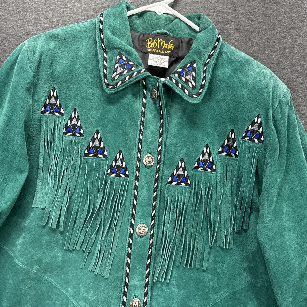 Bob Mackie Leather Suede Jacket Womens M Teal Fringe Western Cowboy Art 90s